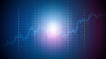 Abstract financial graph with up trend line in stock market price number on blue color board background