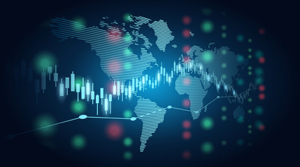 Abstract financial chart with candle stick graph and world map in stock market on blue color background