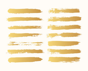 Vector golden paintbrush dividers. Paint gold ink stripes. Distressed banner. Black isolated brush torn border set. Chinese rough box shapes.