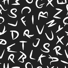 Brush stroke letters texture. Ink paint alphabet seamless pattern. Distressed japanese lettering backdrop. Vector isolated paintbrush text background.