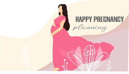 Pregnant woman with long hair in a beautiful dress. Pregnancy and family planning poster