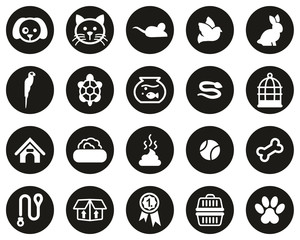 Pets & Pet Accessories Icons White On Black Flat Design Circle Set Big