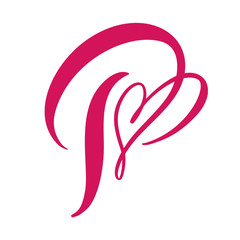 Vector Vintage floral monogram letter P. Calligraphy element heart logo Valentine card flourish frame. Hand drawn Love sign for page decoration and design illustration