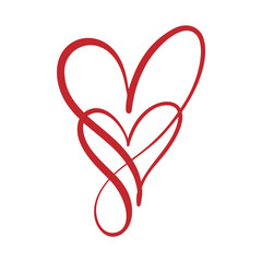 Two flourish red lovers heart. Valentine card handmade vector calligraphy. Decor for greeting card, photo overlays, t-shirt print, flyer, poster design