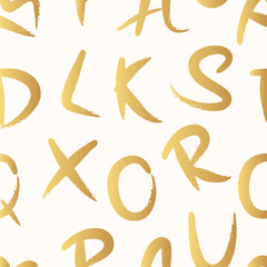 Fototapeta premium Golden brush stroke letters. Gold paint alphabet seamless pattern. Distressed japanese lettering texture. Vector isolated paintbrush text background.