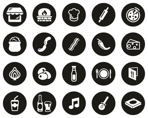 Pizzeria Or Pizza Restaurant Icons White On Black Flat Design CIrcle Set Big