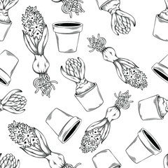 Vector seamless pattern of plant hyacinth in pot and with roots, isolated on a white background, garden maintenance, landscaping and hobby concept, sketch style, line art.