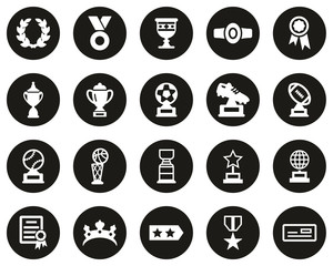 Prize Or Trophy Icons White On Black Flat Design Circle Set Big