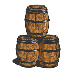 Wine beer wooden barrels sketch engraving vector illustration. T-shirt apparel print design. Scratch board imitation. Black and white hand drawn image.