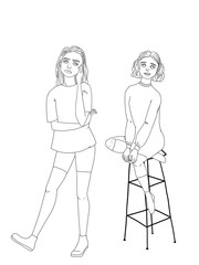 Coloring page of two girlfriends, one standing and the other sitting on a bar stool