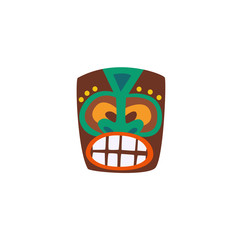 Wooden tiki mask with drawn face icon flat cartoon vector illustration isolated.