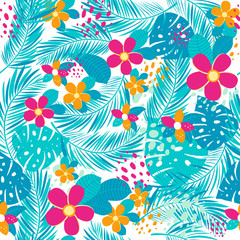 Tropical seamless pattern with palm leaves and flowers. Vector illustration.