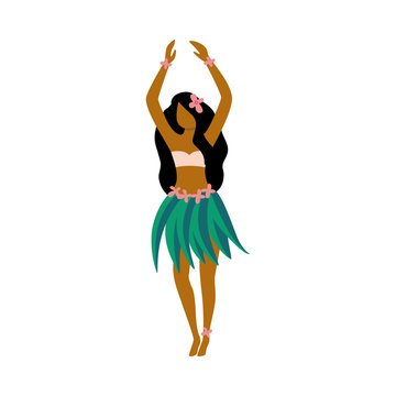 Hawaiian Hula girl dancer character in skirt flat vector illustration isolated.