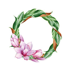 Fototapeta premium Magnolia pink flower wreath with feathers and leaves watercolor illustration. Tender spring blossom with a bud and green leaf round. Hand drawn invitation card element with full bloom magnolia flower.