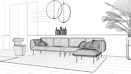 Blueprint project draft, contemporary living room, sofa, armchair, carpet, concrete walls, potted plant and decors, pendant lamps. Interior design atmosphere, architecture idea