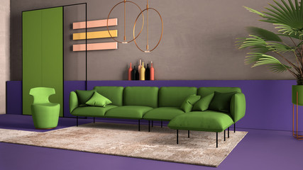 Green and purple colored contemporary living room, sofa, armchair, carpet, concrete walls, potted plant and decors, copper pendant lamps. Interior design atmosphere, architecture idea