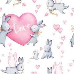 Watercolor seamless pattern. Wallpaper with fantasy bunneis cartoon animals on white background. Hand drawn vintage texture.  Image for cases design, nursery posters, postcards.