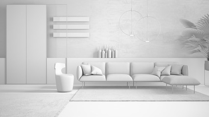 Total white project draft, contemporary living room, sofa, armchair, carpet, concrete walls, potted plant and decors, pendant lamps. Interior design atmosphere, architecture idea