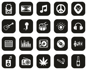 Reggae Music & Culture Icons White On Black Flat Design Set Big