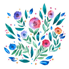 A watercolor colorful flowers and leaves