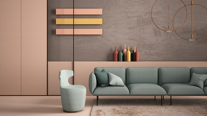 Colored contemporary living room, pastel colors, sofa, armchair, carpet, concrete walls, panels and decors, copper pendant lamps. Interior design atmosphere, architecture idea