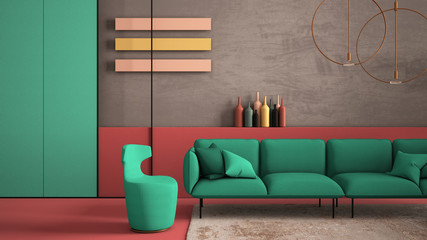 Red and turquoise colored contemporary living room, sofa, armchair, carpet, concrete walls, panels and decors, copper lamps. Interior design atmosphere, architecture idea