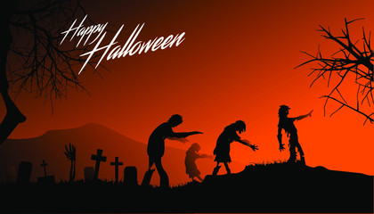 Halloween poster template with scary cemetery and zombie background with seamless pattern of a pumpkins