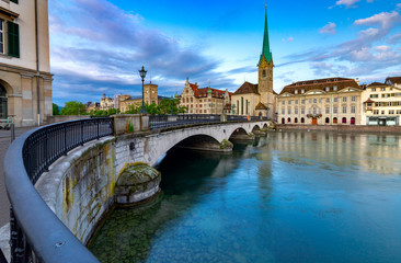 Fototapeta premium Zurich. View of the city embankment and the facades of old houses.