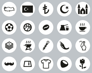 Republic Of Turkey Country & Culture Icons Black & White Flat Design Circle Set Big
