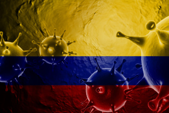 VIRUS WITH Colombia FLAG, CORONAVIRUS, Flu coronavirus floating, micro view, pandemic virus infection, asian flu, asian flu, covid, covid19, covid-19 3D RENDER.