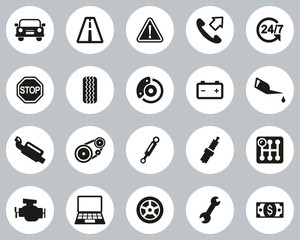 Road Assistance Service Icons Black & White Flat Design Circle Set Big