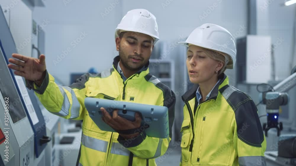 Poster Chief Engineer and Project Manager Wearing Safety Vests and Hard Hats, Use Digital Tablet Controller in Modern Factory, Talking, Optimizing CNC Machinery, Increasing Production Line Efficiency 