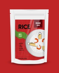 Vector Rice Packaging illustration. Japanese rice design template. Sushi organic product. Banner, poster, ads or flyer template.