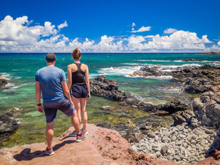 Ho'okipa Beach Park in Maui Hawaii, renowned windsurfing and surf site for wind, big waves and big Turtles drying on sand. Snorkeling paradise for coral reefs.