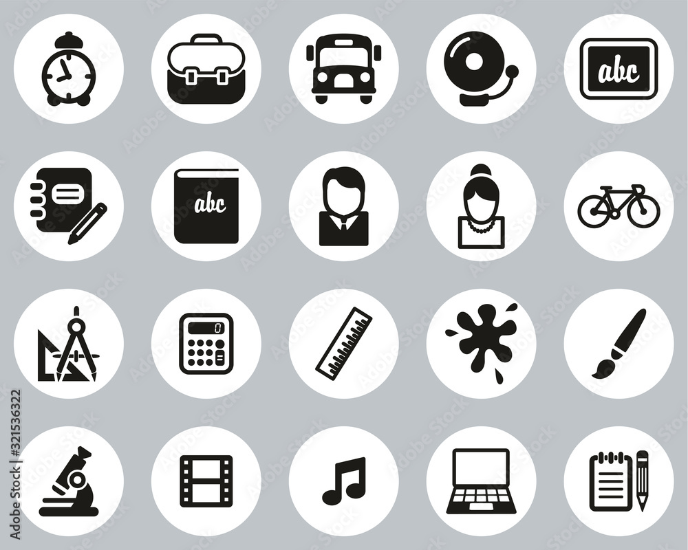 Sticker School Or Education Icons Black & White Flat Design Circle Set Big