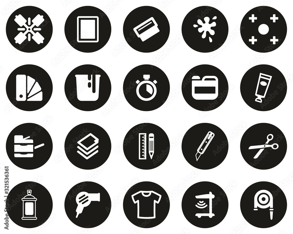 Canvas Prints Screen Printing Icons White On Black Flat Design Circle Set Big