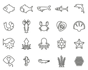 Sea Life & Seafood Icons Black & White Thin Line Set Big