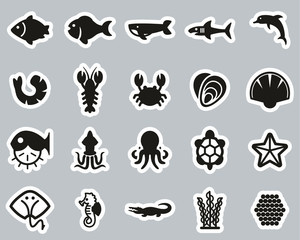 Sea Life & Seafood Icons Black & White Sticker Set Big