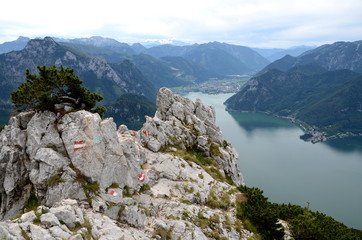 Lake Traunsee in the Salzkammergut region in Austria viewed from Mount Traunstein
