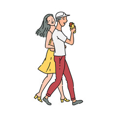 Happy cartoon couple eating ice cream and walking together