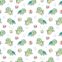 Cute pattern with turtle and ball in the white backdrop
