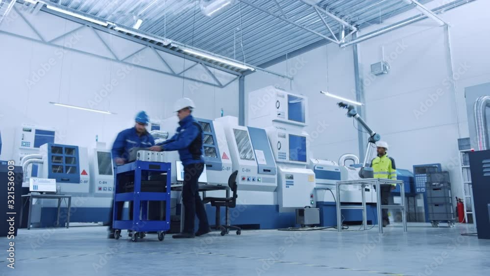 Poster Indusry 4.0 Factory: Team of Engineers, Professionals and Workers, Working on Assembly and Production Line, Optimizing CNC Machinery, Programming Machines, Talking and Planning Projects. Time-Lapse 