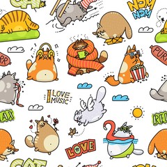 Funny cartoon cat drawings - seamless pattern isolated on white background.