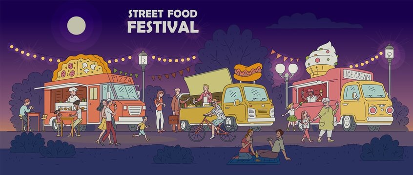 Street Food Festival Night Scene With Trucks And People Vector Illustration.