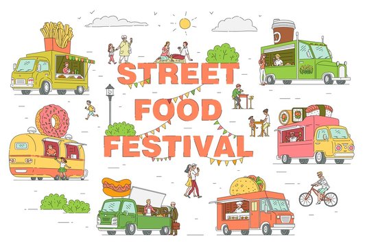 Street food festival trucks set vector sketch cartoon illustration isolated.
