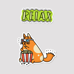 Funny cartoon cat in 3D cinema glasses eating popcorn and Relax sticker
