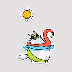 Sticker with fat funny cat going to swim cartoon vector illustration isolated.