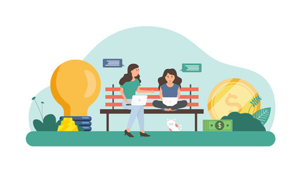 Two young girls discuss about business and finance. Element collection design with business or finance concept for website development or social media advertising.