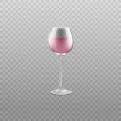 Realistic clear wine glass with light pink alcohol drink - vector illustration
