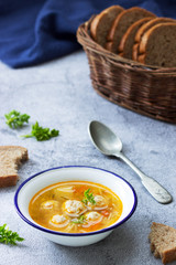 Dietary soup with meatballs, potatoes and noodles served with rye bread with bran. Children's menu.